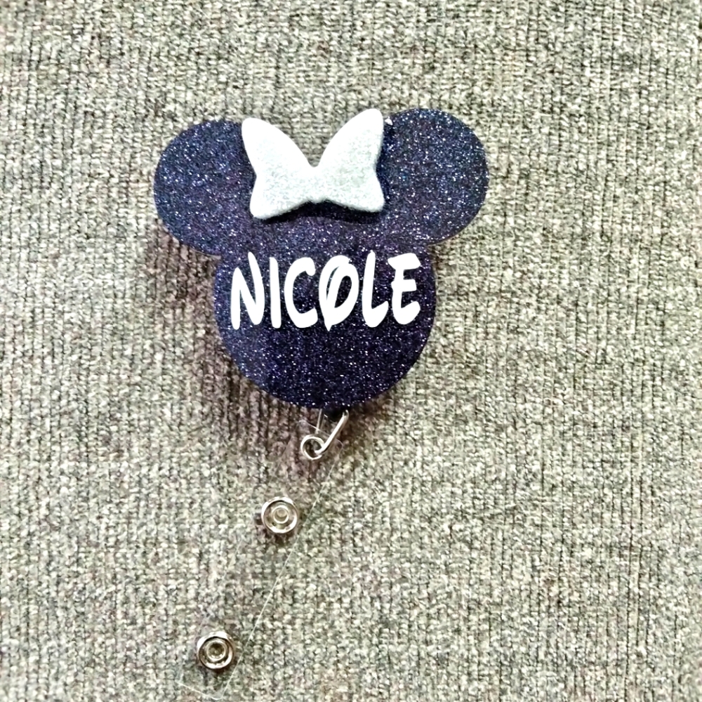 Blue and white Minnie mouse head retractable name badge reel ID holder